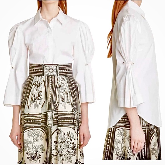 Lela Rose Button-Down Poplin Blouse Top with Pearl Brooch On Puff Sleeve Size 4 - Picture 6 of 16